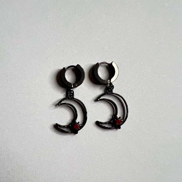 Dainty Goth Hoop Earrings,  Moon, Moth and Star Hoop Set, Edgy all Black Hoops - Picture 12 of 14